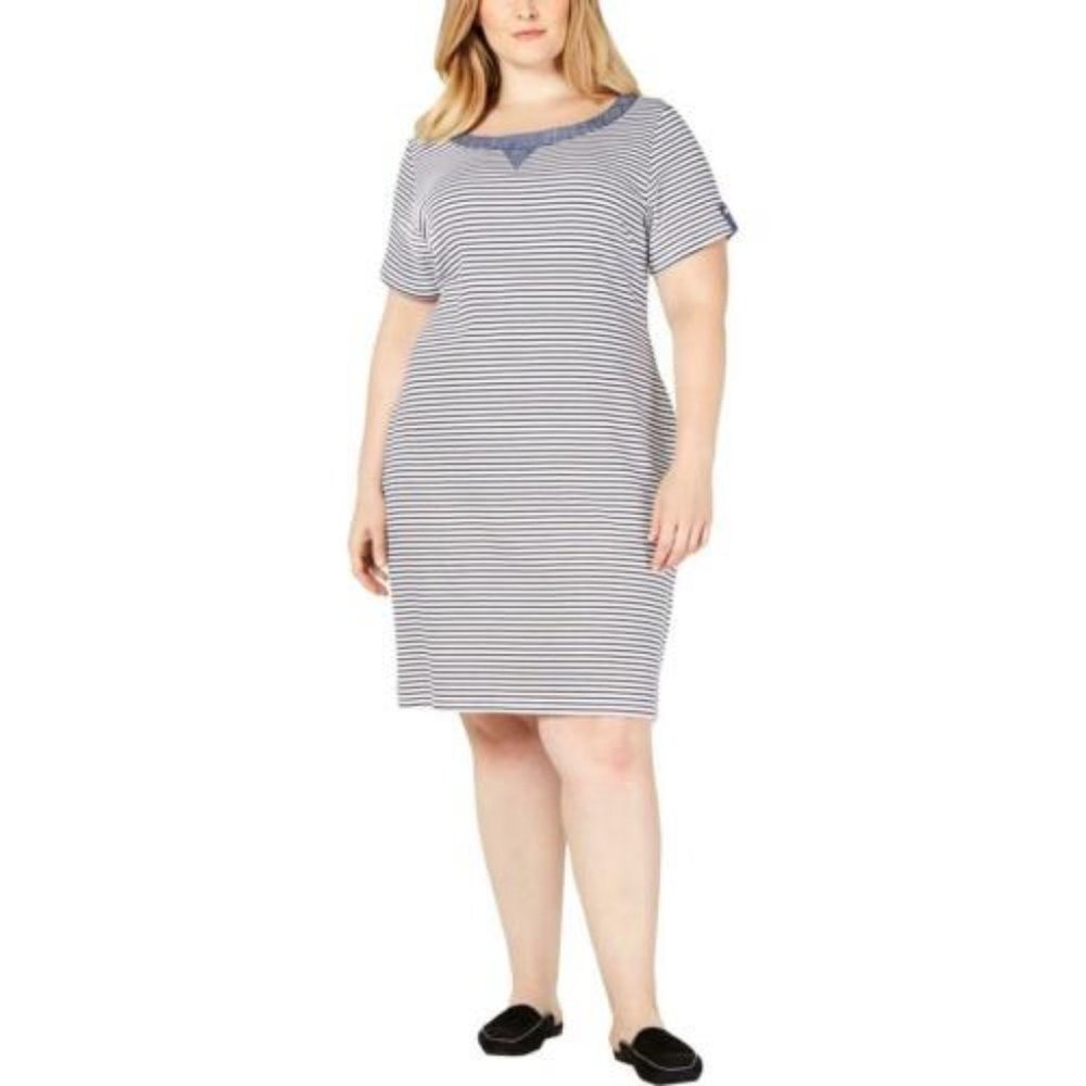 Karen Scott Sport women L shirt striped dress athletic short sleeve costal resor